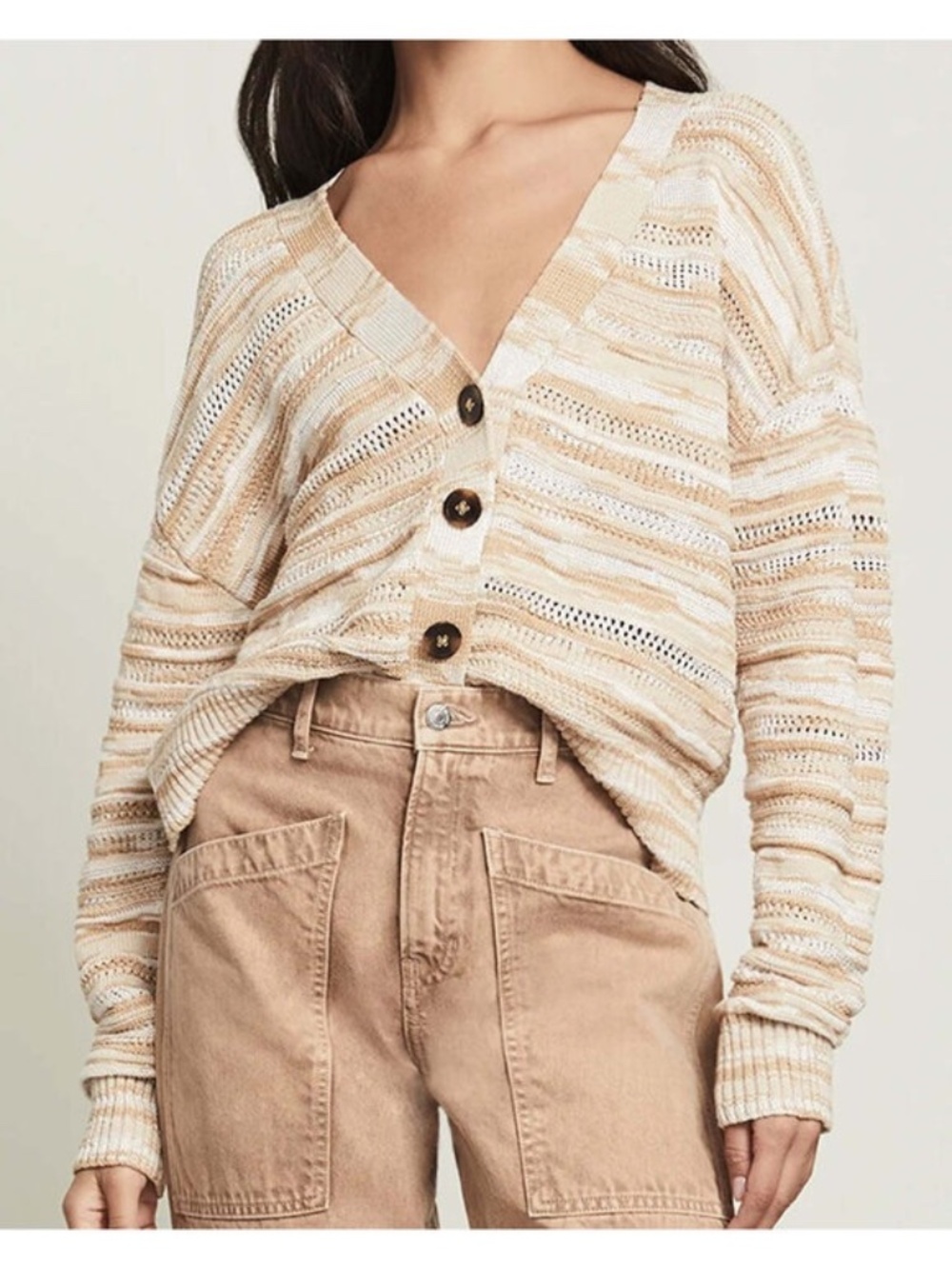 Veronica Beard Goliad Cardigan Sweater Long Sleeve Camel Tan Stripe Size XS $448